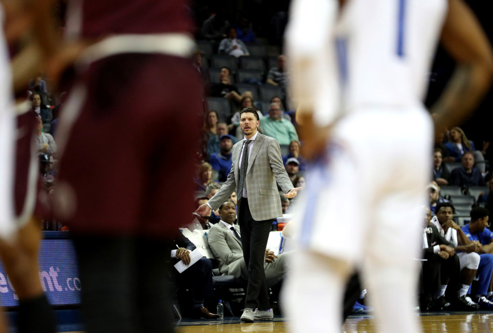 <strong>Mike Miller, an assistant coach for the University of Memphis men's basketball team, reacts to a call by the referee during a game against the Little Rock Trojans&nbsp;<span class="s1">on Wednesday, Dec. 19, 2018, at FedExForum in Memphis</span>.</strong> (Houston Cofield/Daily Memphian)