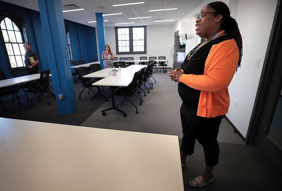 <strong>Amber Hamilton with the Memphis Music Initiative gives a tour of the organization's new 10,000-square-foot facility next to the FedExForum. The $20 million project is in its third year working to expand the access of music programming to low-income and black youth in Memphis.</strong> (Jim Weber/Daily Memphian)