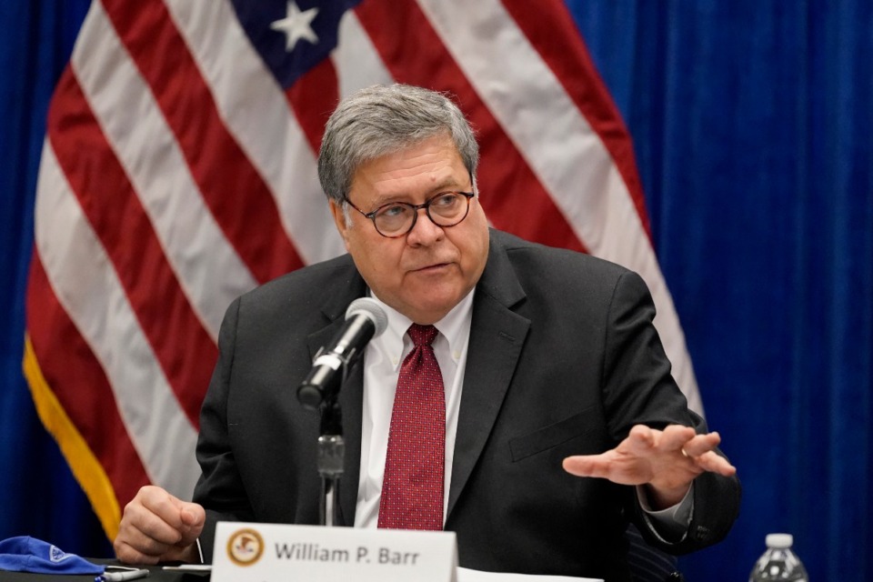 <strong>U.S.Attorney General William Barr speaks during a roundtable discussion on Operation LeGend&nbsp;Oct. 15, 2020, in St. Louis.</strong> (Jeff Roberson/AP)