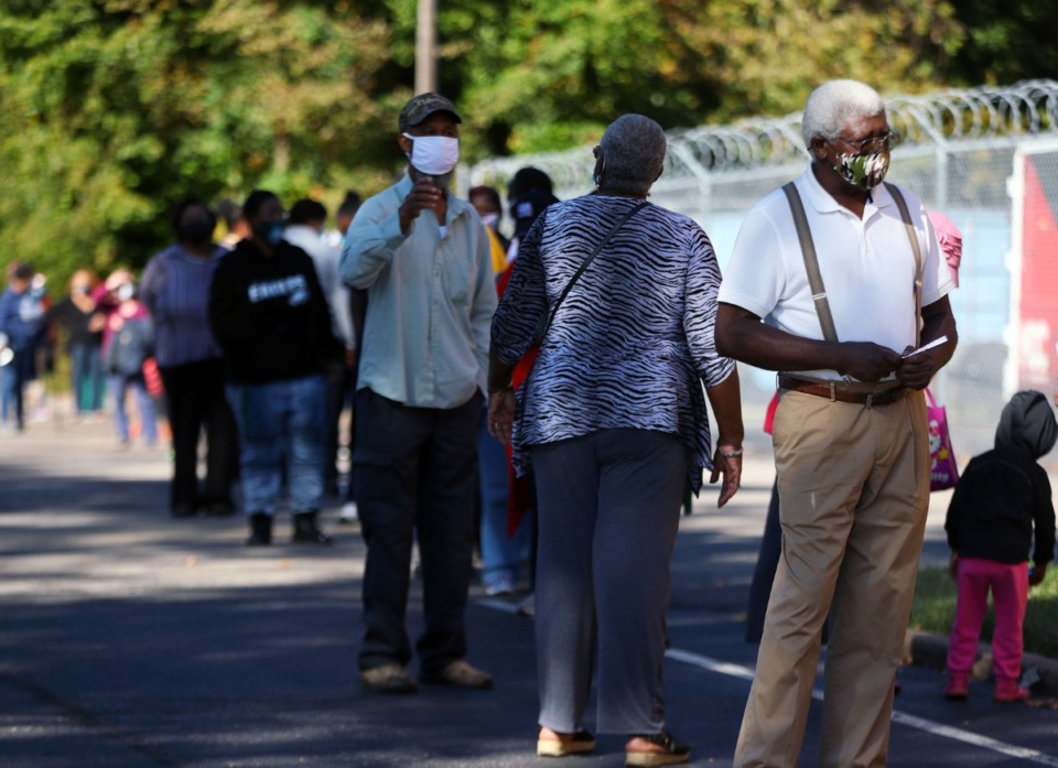 <strong>Voters reported waiting up to 2 hours outside of Pursuit of God Church in Frayser during the first day of early voting in Tennessee on Oct. 14, 2020.</strong> (Patrick Lantrip/Daily Memphian)