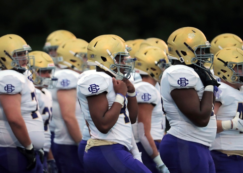 <strong>The Christian Brothers High School football team lines up before the start of the first game of the year against Houston High School Aug. 21, 2020.</strong> (Patrick Lantrip/Daily Memphian file)