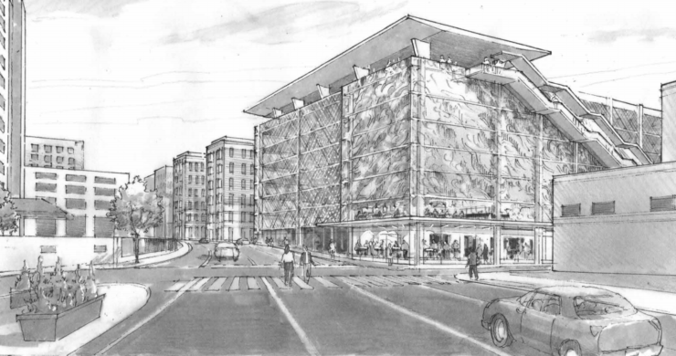 The nine-level building (in a rendering looking north from Front Street just south of Beale) would rise across from the Orpheum Theatre, providing 1,400 spaces, a rooftop restaurant, showers, lockers and storage for travelers and commuters. (Credit: LRK)