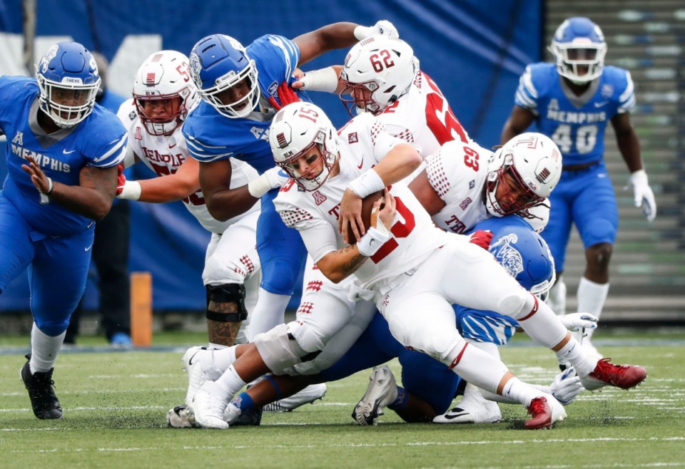 <strong>Temple quarterback Anthony Russo (middle) is sacked by the Memphis defense during action on Saturday, Oct. 24, 2020 at Liberty Bowl Memorial Stadium.</strong> (Mark Weber/The Daily Memphian)