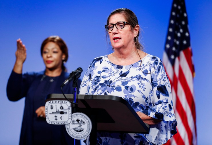 Shelby County Health Department Director Alisa Haushalter (right) gives an update about the coronavirus on Thursday, October 10, 2020 during a COVID-19 task force briefing. (Mark Weber/The Daily Memphian)