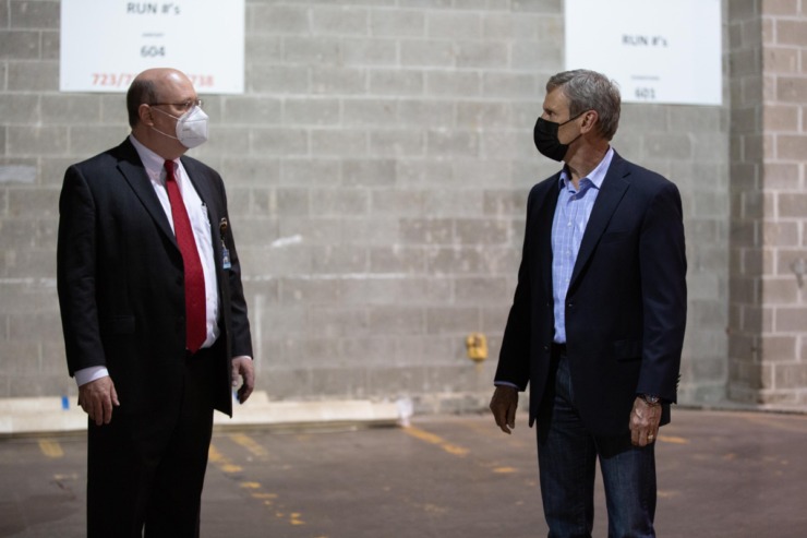 <strong>Dr. Richard Walker (left), CEO of the alternative care hospital at 495 Union, takes Gov. Bill Lee on a tour in May.</strong> (Submitted)