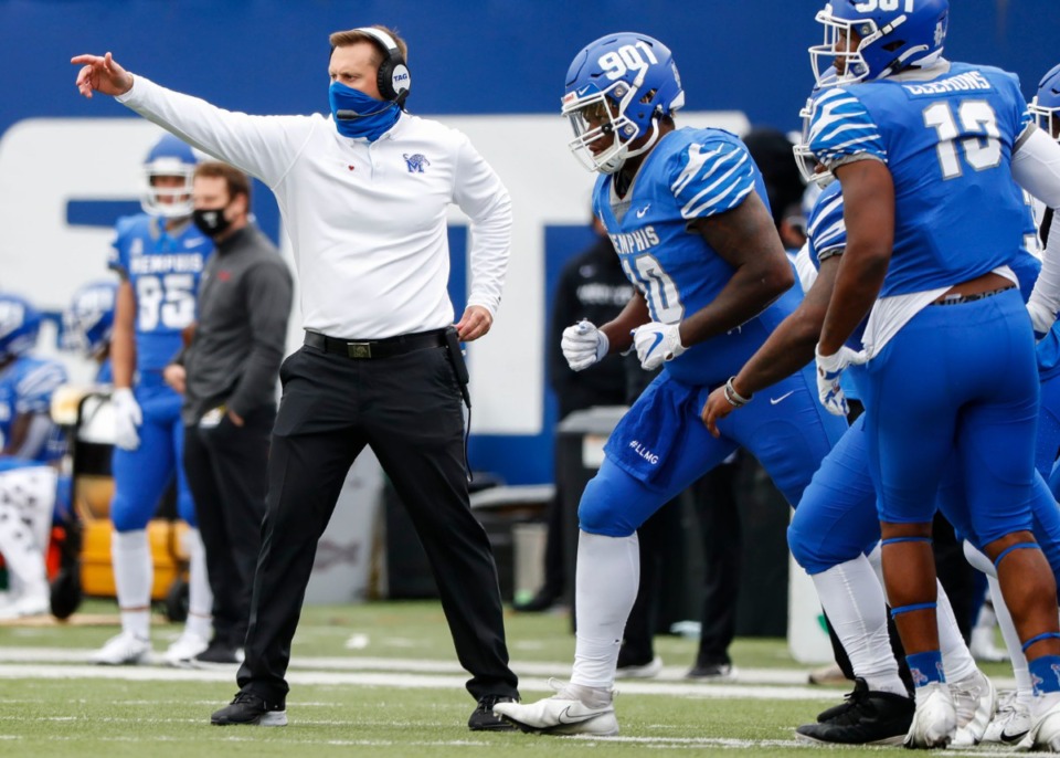 <strong>Memphis head coach Ryan Silverfield (left) directs his players during action against Temple on Saturday, Oct. 24, 2020 at Liberty Bowl Memorial Stadium.</strong> (Mark Weber/The Daily Memphian)