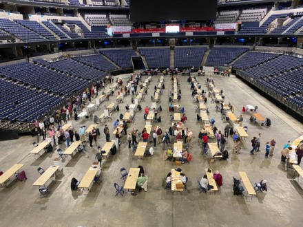 <strong>&ldquo;Counting boards&rdquo; of two citizens each &mdash; one Democrat and one Republican &mdash; manned a set of 60 tables on the floor of FedExForum on Election Day.</strong> (Bill Dries/The Daily Memphian)