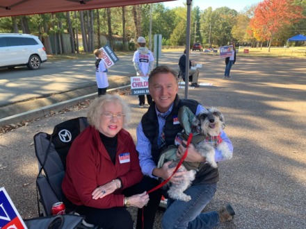 <strong>Incumbent John Stamps was joined by his mother and her dog at the polls on Election Day. Stamps is seeking his second full term for Collierville Alderman Position 5.</strong> (Abigail Warren/Daily Memphian)