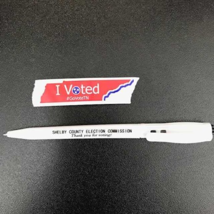 <strong>Voters received a sticker and pen when voting today in Shelby County.</strong>&nbsp;(Elaine Sung/Daily Memphian)