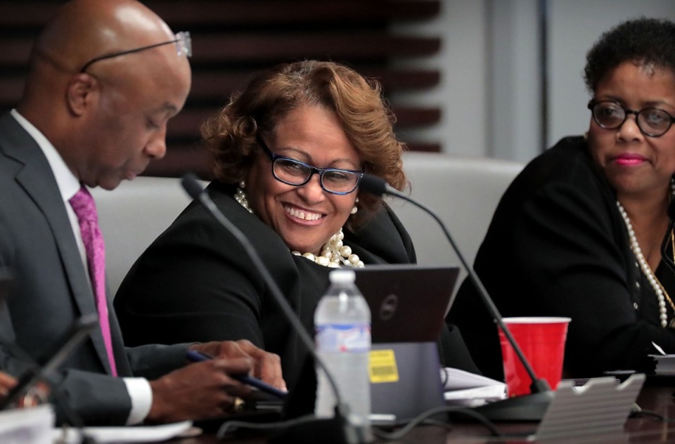 <strong>City Council Chair Patrice Robinson jokes with fellow council member Martavius Jones (left) after a Memphis City Council executive session meeting on Nov. 19, 2019 at City Hall. The Election Day meeting lasted only long enough to delay a few items.</strong> (Jim Weber/Daily Memphian)