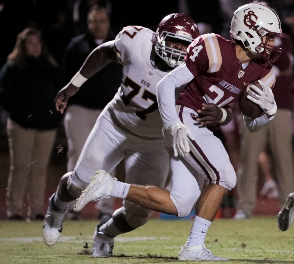<strong>Evangelical Christian Football defensive lineman Dietrick Pennington (77) reaches for a tackle during a Oct. 18, 2019 game at St. George&rsquo;s Independent School</strong>. (Patrick Lantrip/Daily Memphian)