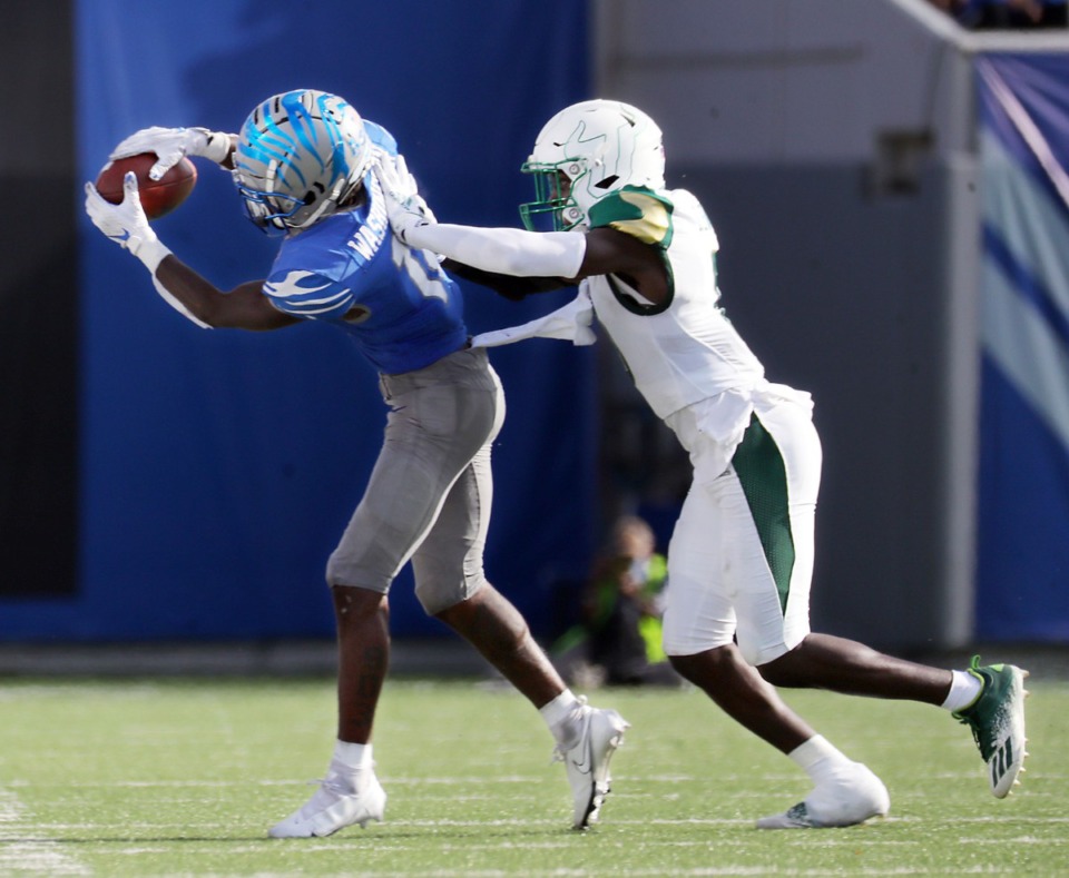 <strong>University of Memphis receiver Tahj Washington (18) catches a pass during the fourth quarter of a Nov. 7, 2020 home game at the Liberty Bowl Memorial Stadium against the University of South Florida.</strong> (Patrick Lantrip/Daily Memphian)