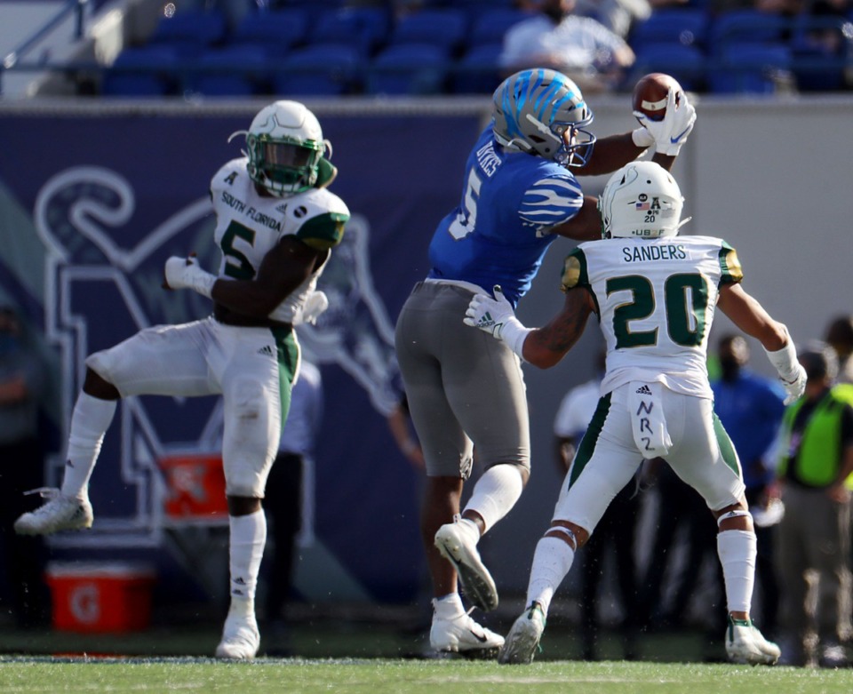 <strong>University of Memphis tight end Sean Dykes (5) goes up for a catch during a Nov. 7, 2020 home game at the Liberty Bowl Memorial Stadium against the University of South Florida.</strong> (Patrick Lantrip/Daily Memphian)