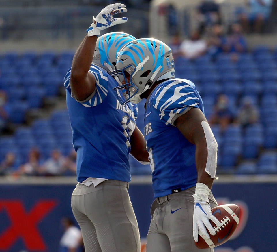 <strong>University of Memphis tight end Sean Dykes (5) celebrates with teammates during a Nov. 7, 2020 home game at the Liberty Bowl Memorial Stadium against the University of South Florida.</strong> (Patrick Lantrip/Daily Memphian)