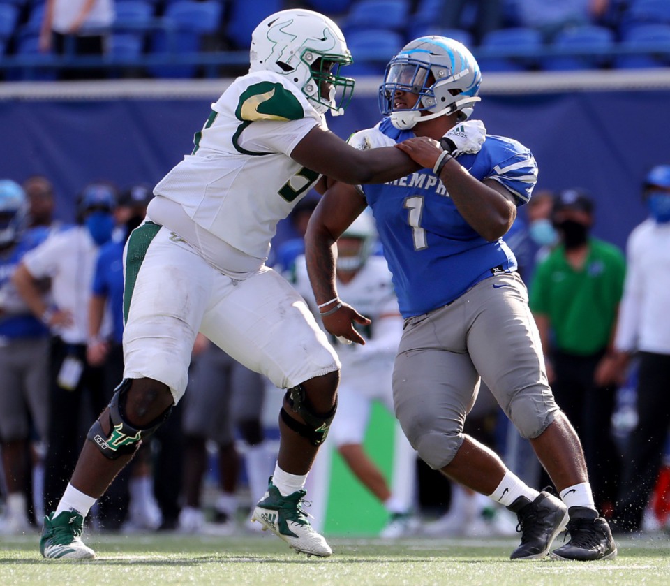 <strong>University of Memphis defensive lineman O'Bryan Goodson (1) tries to slip by a University of South Florida defender during a Nov. 7, 2020 home game at the Liberty Bowl Memorial Stadium against the University of South Florida.</strong> (Patrick Lantrip/Daily Memphian)