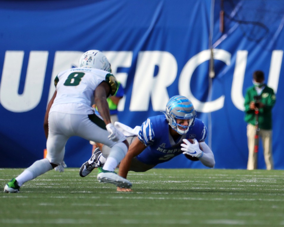 <strong>University of Memphis quarterback Brady White (3) dives for a first down during a Nov. 7, 2020 home game at the Liberty Bowl Memorial Stadium against the University of South Florida.</strong> (Patrick Lantrip/Daily Memphian)
