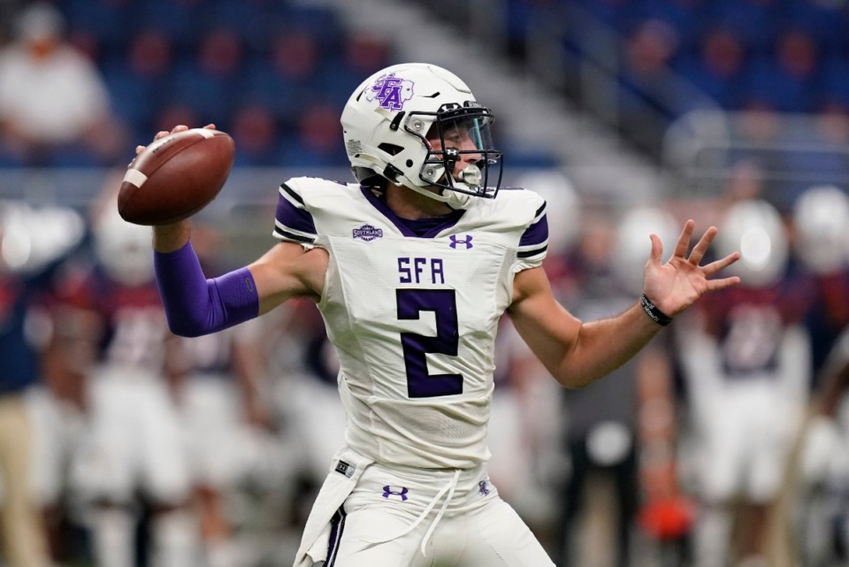 <strong>Stephen F. Austin quarterback Trae Self (2) throws against UTSA during an NCAA college football game, Saturday, Sept. 19, in San Antonio.</strong> (Eric Gay/Associated Press file)