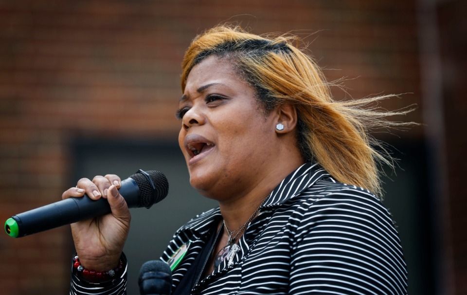 <strong>Erika Kelley, Director of the Memphis Chapter of Moms Demand Action, speaks as city and county leaders gather to discuss the Unity Walk against Gun Violence during a press conference on Monday, Nov. 9, 2020.</strong> (Mark Weber/The Daily Memphian)