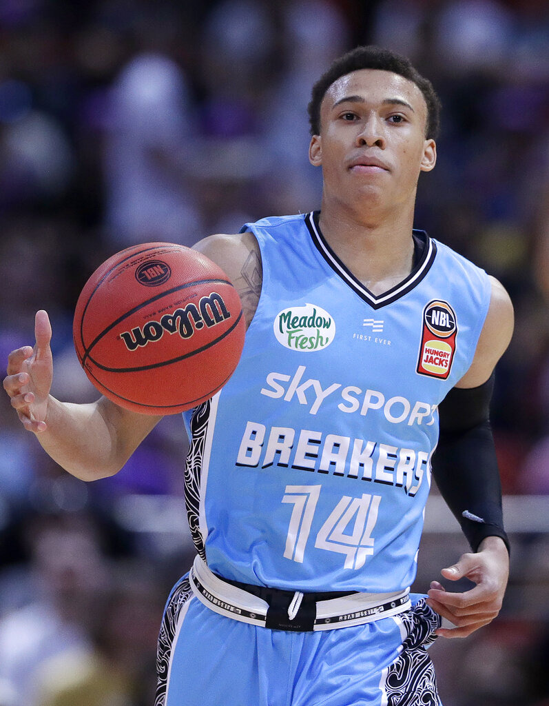 <strong>Roderick "RJ&rdquo;&nbsp;Hampton carries the ball up during a&nbsp;New Zealand Breakers basketball game against the Sydney Kings in the National Basketball League in Sydney, Friday, Oct. 18, 2019</strong>. (AP Photo/Rick Rycroft)