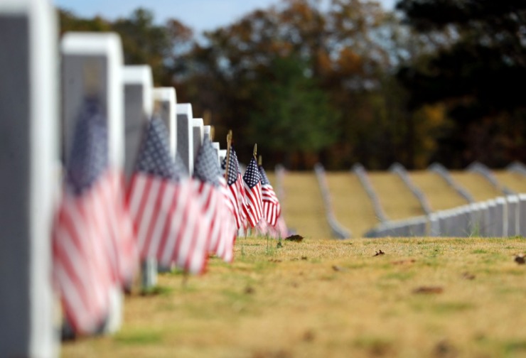 <strong>American flags were placed in front of every grave at the West Tennessee State Veterans Cemetery for Veterans Day Nov. 11, 2020.</strong> (Patrick Lantrip/Daily Memphian)
