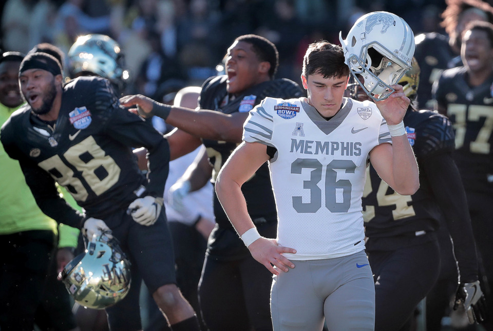<strong>University of Memphis kicker Riley Patterson (36) reacts after missing a field goal attempt to tie the game against Wake Forest during the Birmingham Bowl on Dec. 22, 2018, at Legion Field in Birmingham, Ala.</strong> (Jim Weber/Daily Memphian)