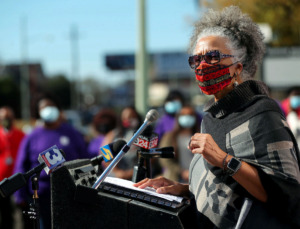 <strong>Family Safety Center board member Regina Walker speaks during a Nov. 17 press conference bringing awareness to the 17 people who lost their lives to domestic violence so far this year.</strong> (Patrick Lantrip/Daily Memphian)