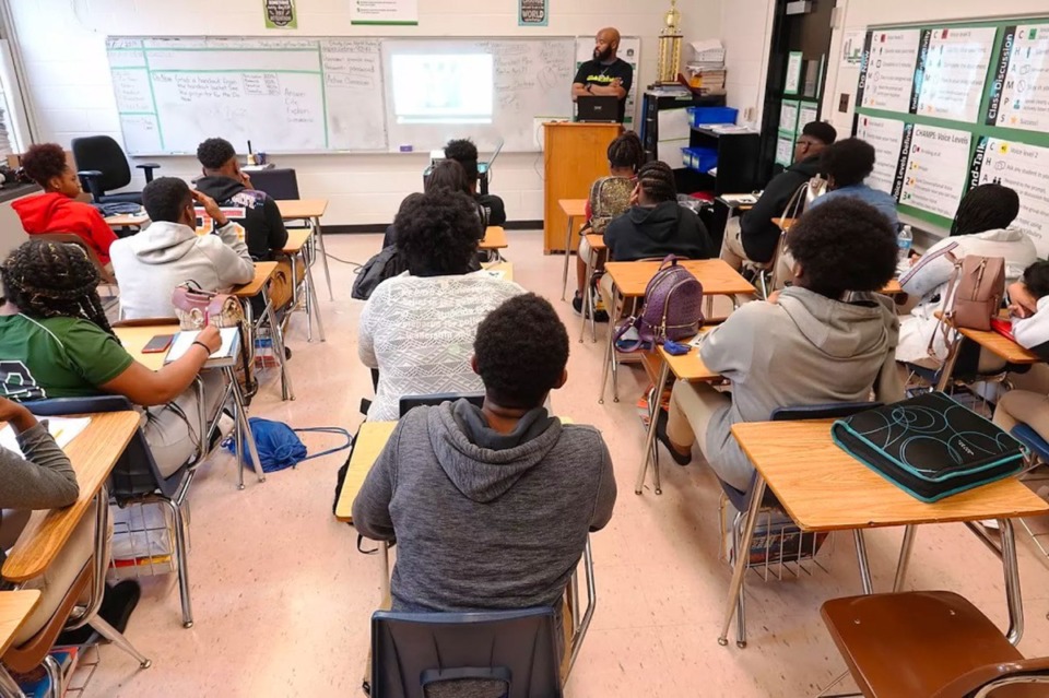 <strong>Students listen to instruction during a 2019 class at Hillcrest High School, a Green Dot charter school in Memphis that is part of the state-run Achievement School District.</strong> (Karen Pulfer Focht/Chalkbeat)