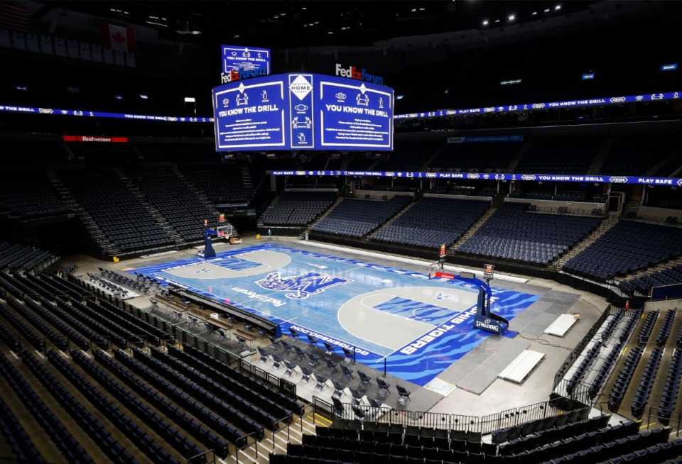 <strong>A look at the court setup for the Memphis Tigers on Tuesday, Dec. 1, at FedExForum. The Tigers&rsquo; home opener against Arkansas State is Wednesday, Dec. 2, at the arena.</strong> (Mark Weber/Daily Memphian)