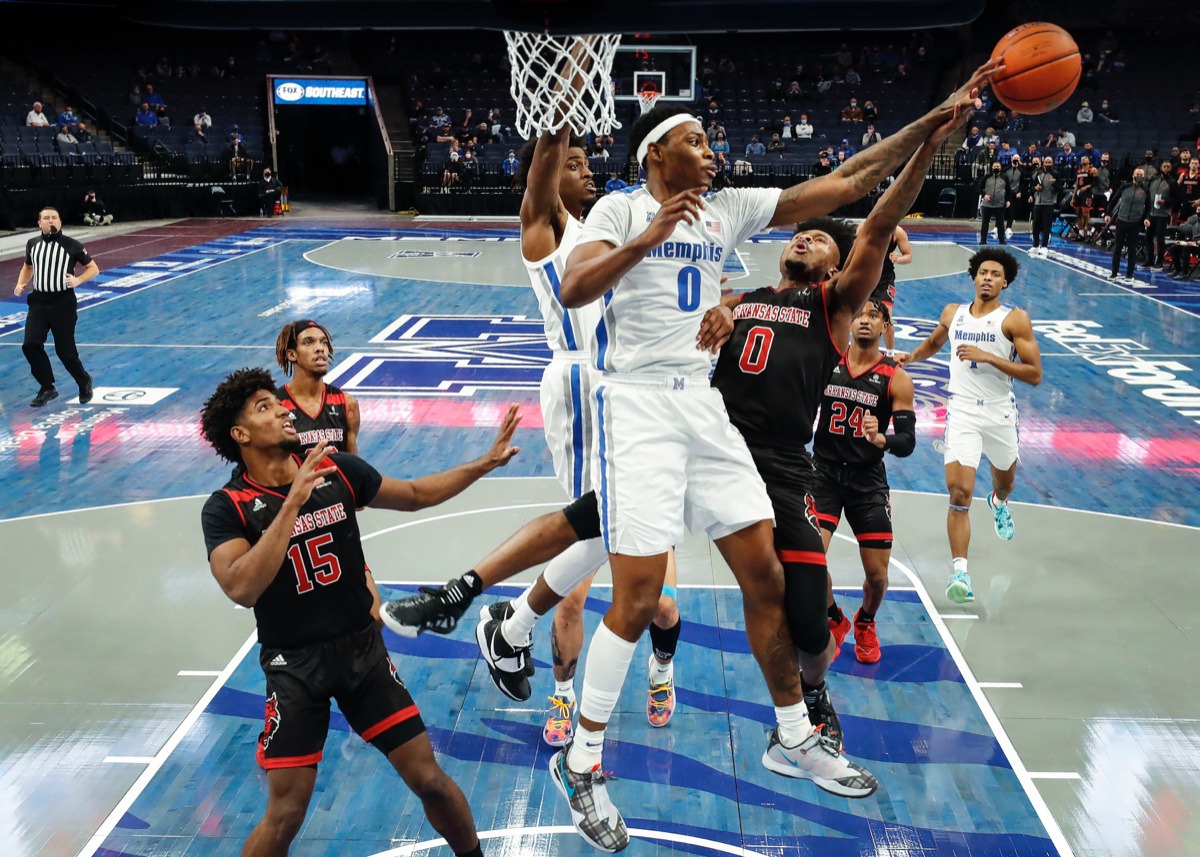 <strong>Memphis defender D.J. Jeffries (middle) blocks the shot from Arkansas State guard Caleb Fields (right) on Wednesday, Dec. 2, 2020.</strong> (Mark Weber/The Daily Memphian)