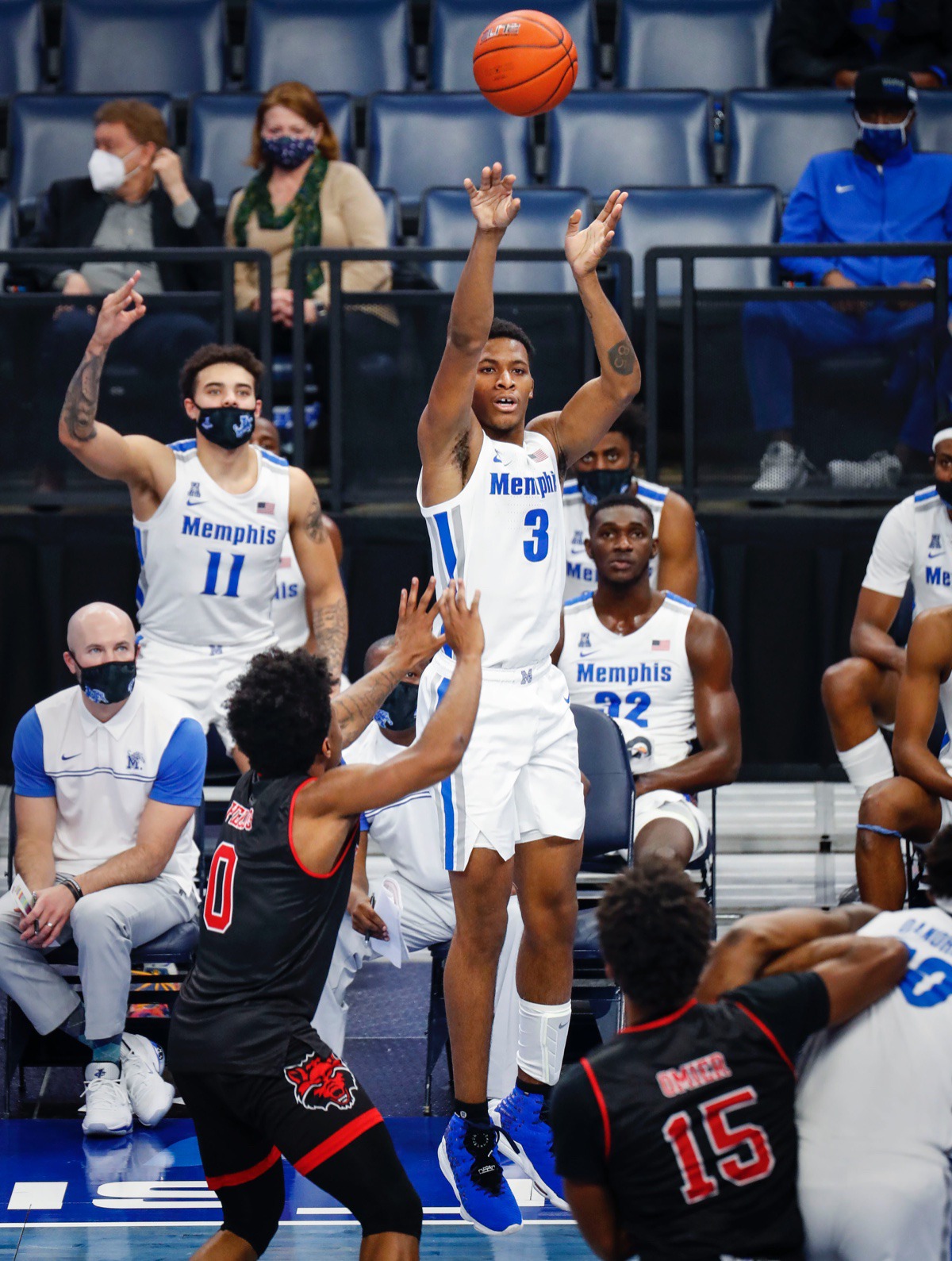 <strong>Memphis forward Landers Nolley II puts up a 3-pointer against Arkansas State on Wednesday, Dec. 2, 2020.</strong> (Mark Weber/The Daily Memphian)