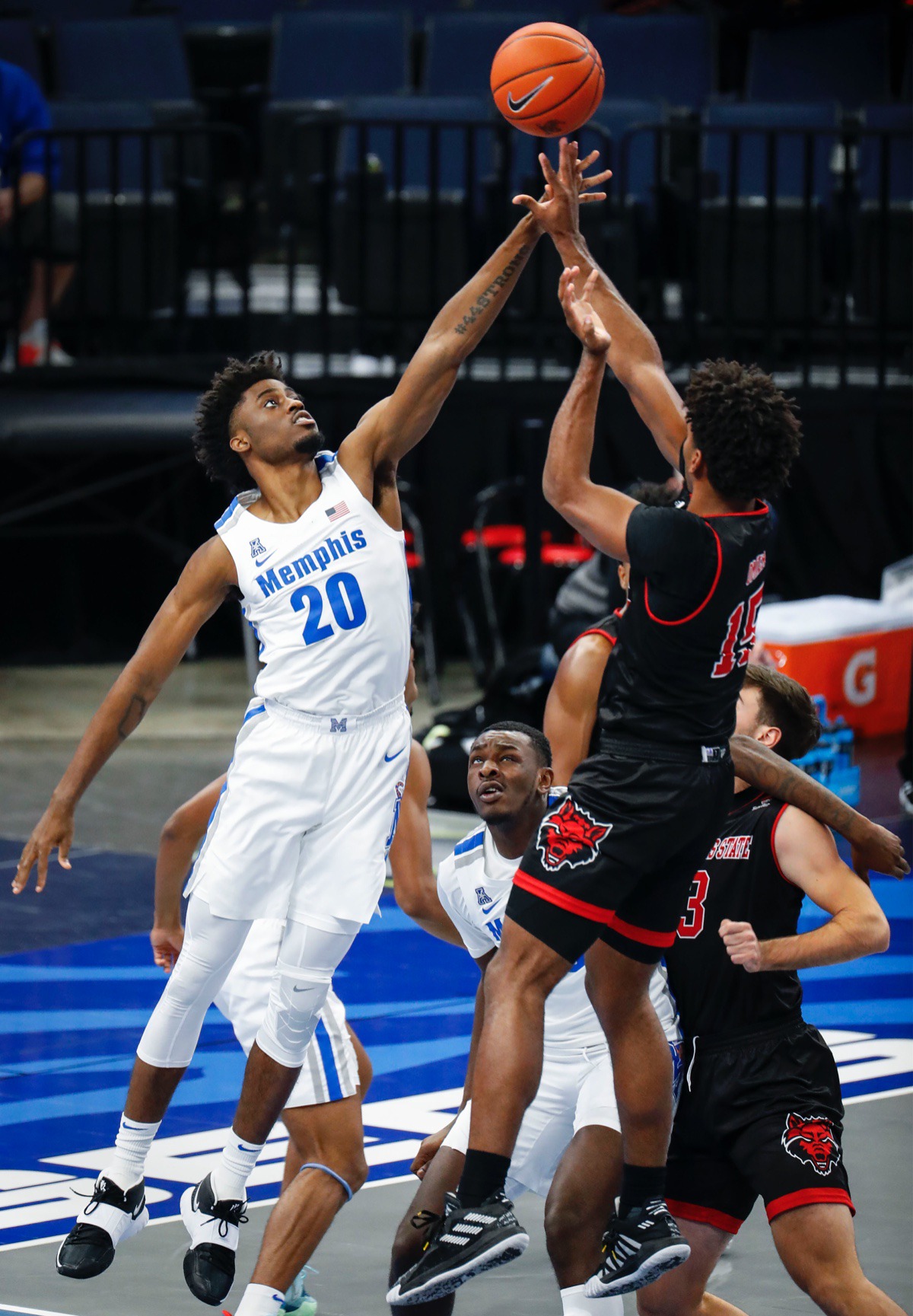 <strong>Memphis forward Ahmad Rand (left) blocks Arkansas State forward Norchad Omier (right).</strong> (Mark Weber/The Daily Memphian)