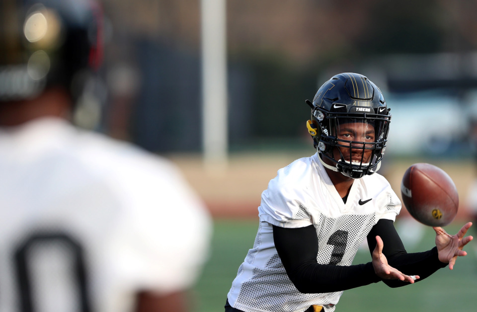 <strong>Former Briarcrest standout Tyler Badie (1) catches a pass during the University of Missouri's practice at Rhodes College Wednesday, Dec. 26. The freshman running back is one of three Memphians set to take part in Monday's Liberty Bowl against Oklahoma State.</strong>&nbsp;(Houston Cofield/Daily Memphian)