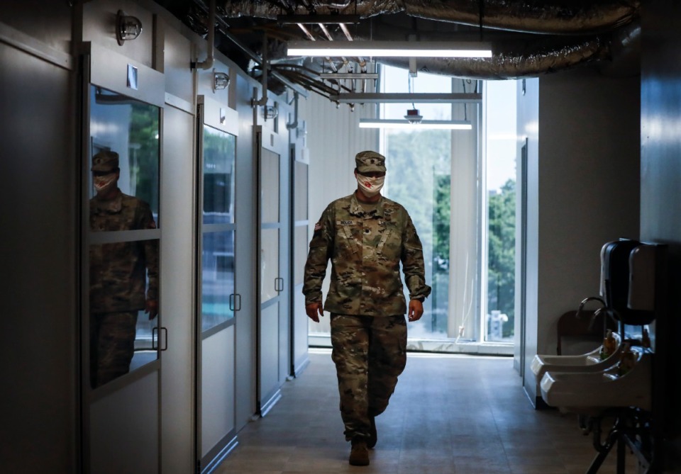 <strong>Lt. Col. Nathan Molica with the US Army Corps of Engineers Memphis Division leads a tour of an emergency hospital in the former Commercial Appeal building in May</strong>. (Mark Weber/Daily Memphian file)