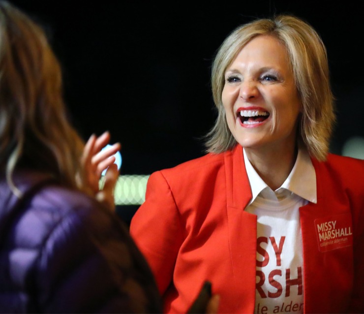 <strong>Missy Marshall laughs with Marianne Dunavant during an election night watch party in Collierville Dec. 8, 2020.</strong> (Patrick Lantrip/Daily Memphian)