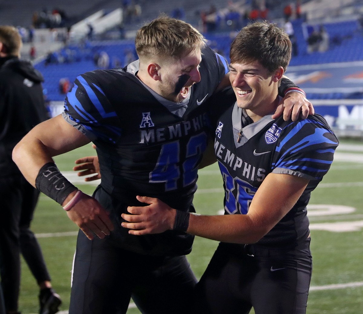 <strong>University of Memphis long snapper Preston Brady (42) celebrates with kicker Riley Patterson (36) after he hit the game winning field goal against the University of Houston Dec. 12, 2020.</strong> (Patrick Lantrip/Daily Memphian)