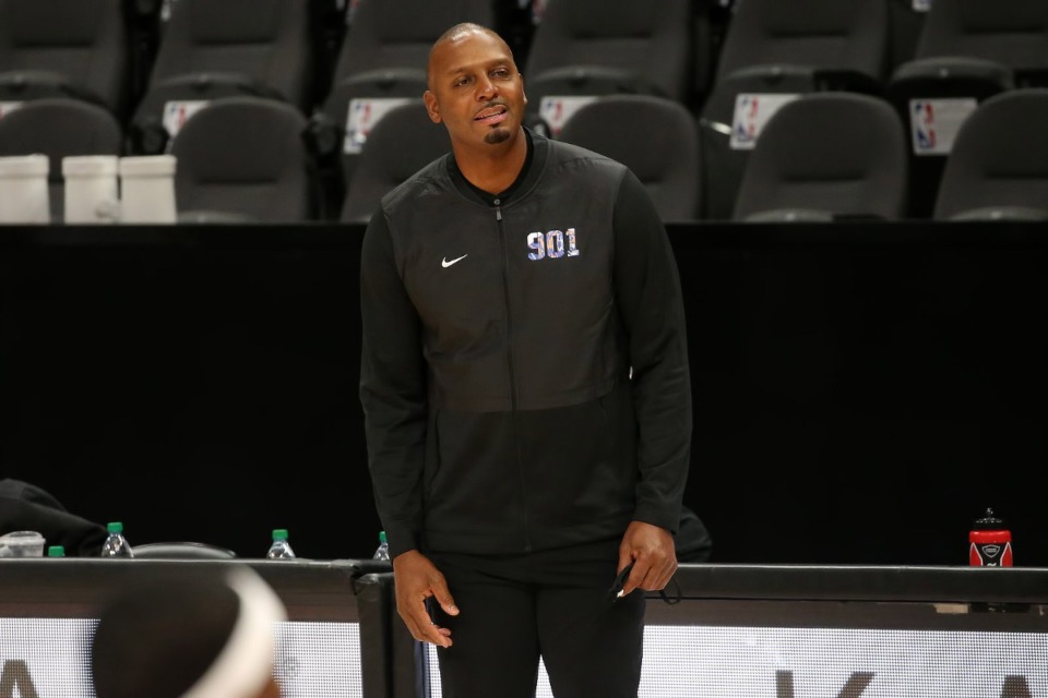 <strong>Coach Penny Hardaway watches the action as the Tigers play Auburn in the Holiday Hoopsgiving preseason game Saturday, Dec. 12, 2020 at State Farm Arena in Atlanta. The Tigers lost, 74-71.</strong> (Courtesy Michael Wade)