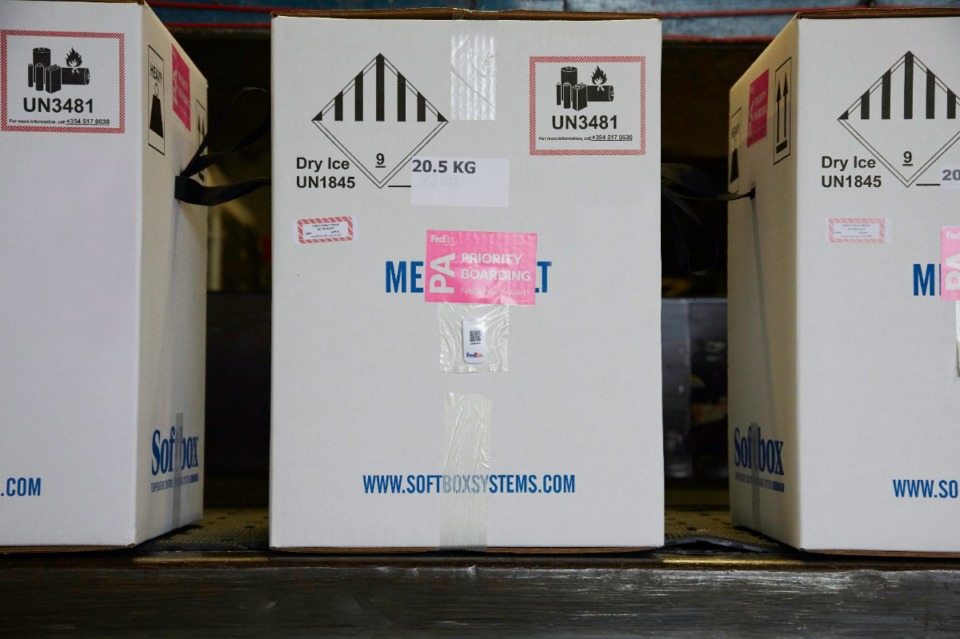 <strong>Boxes of Pfizer/BioNTech&rsquo;s COVID-19 vaccine pass through the regular sort at the FedEx Express world hub in Memphis on Sunday, Dec. 13.</strong> (Courtesy FedEx)