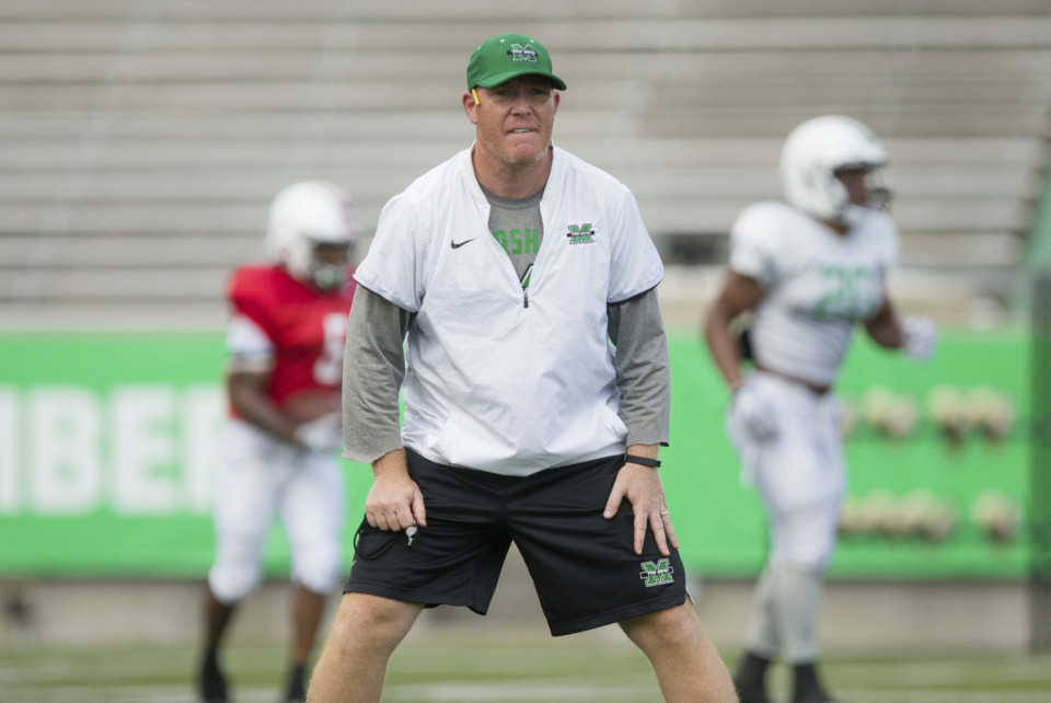 <span><strong>Marshall University defensive coordinator Adam Fuller oversees a drill during a team practice Aug. 7, 2018, in Huntington, W.Va. Fuller is has been named the University of Memphis' defensive coordinator.</strong> (Sholten Singer/The Herald-Dispatch via AP)</span>