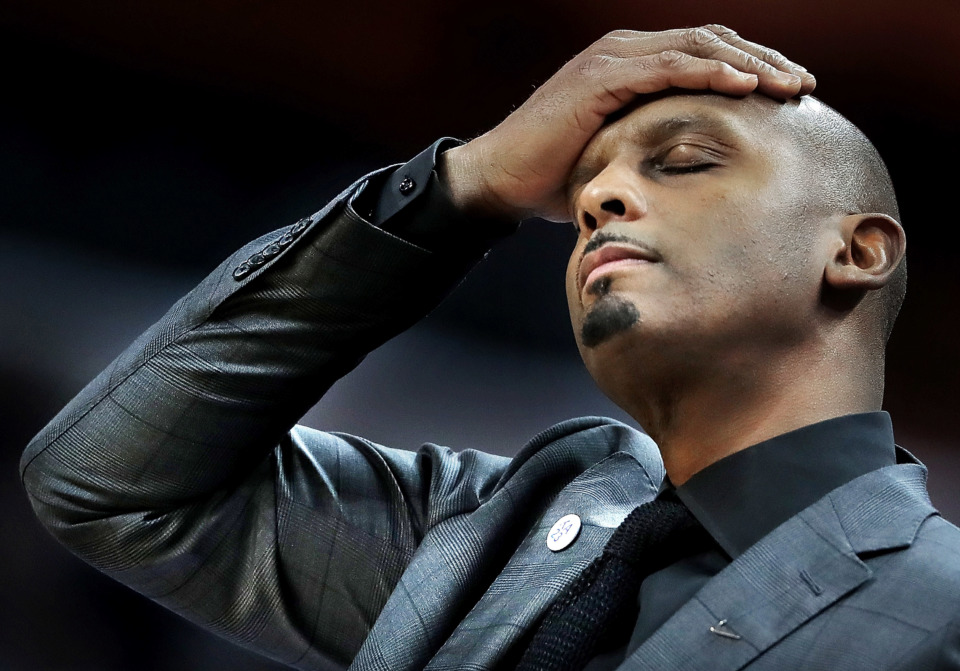 <strong>University of Memphis basketball coach Penny Hardaway reacts to a foul call during the Tigers game against the Rattlers at the FedExForum on Dec. 29, 2018.</strong> (Jim Weber/Daily Memphian)