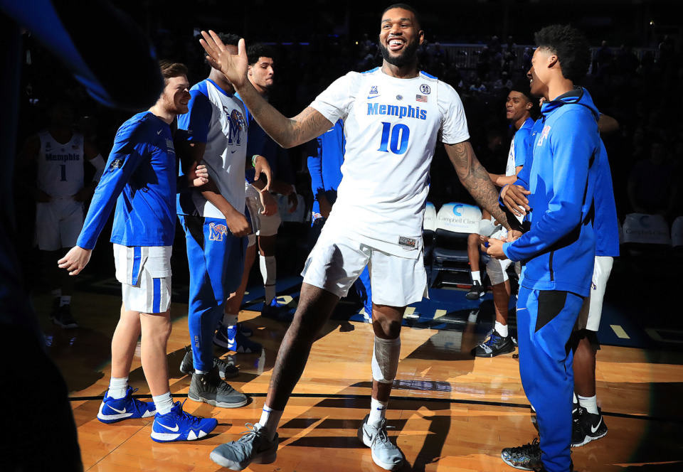 <strong>University of Memphis forward Mike Parks Jr. (10) gets pumped up with the team during introductions before the Tigers game against the Rattlers at the FedExForum on Dec. 29, 2018.</strong> (Jim Weber/Daily Memphian)