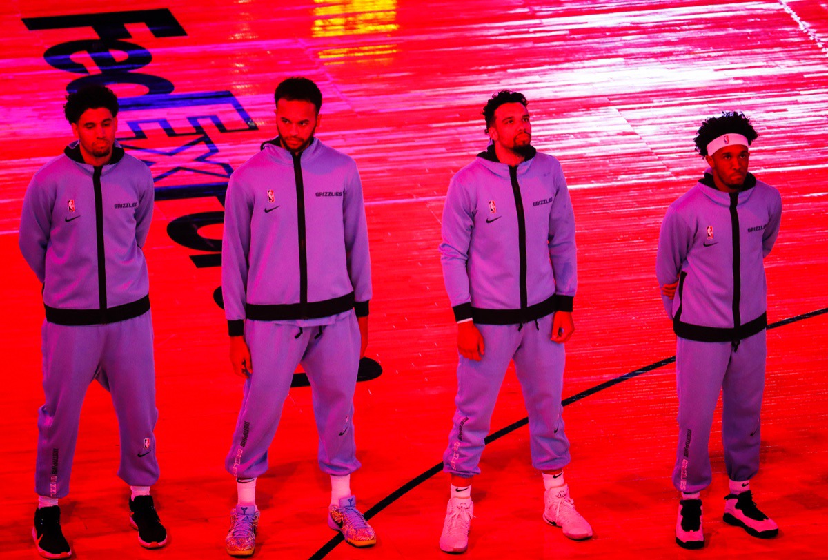 <strong>Memphis Grizzlies guard Dillon Brooks (second left) stands with his teammates during the national anthem before the game against the Atlanta Hawks on Thursday, Dec. 17, 2020.</strong> (Mark Weber/The Daily Memphian)