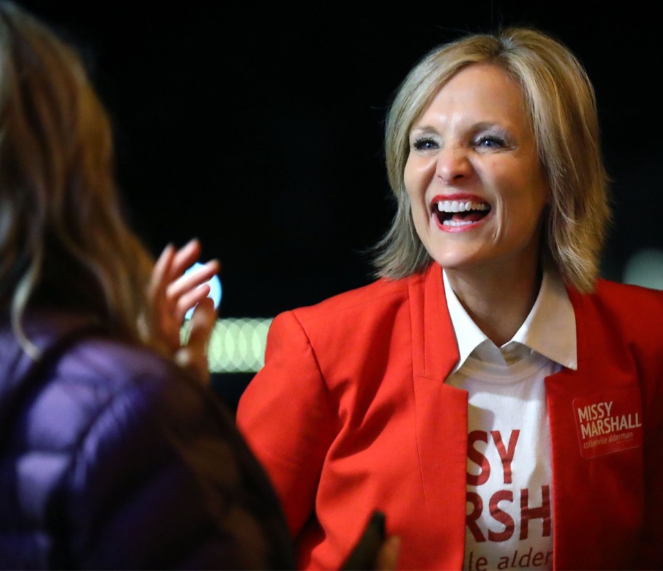 <strong>Missy Marshall laughs with Marianne Dunavant during a runoff-election night watch party in Collierville on Dec. 8.</strong> (Patrick Lantrip/Daily Memphian)