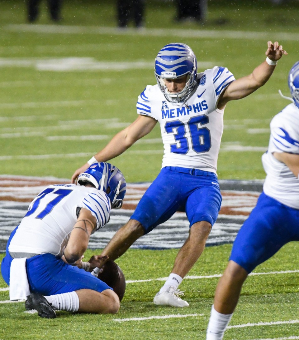<strong>Riley Patterson&rsquo;s 53-yard field gave Memphis a 3-0 lead vs. Florida Atlantic in the Montgomery Bowl. It marked the longest field goal in the 98-year history of the historic Cramton Bowl. The 53-yarder also marked the second longest of Patterson&rsquo;s career (56-yarder at SMU on 10-3-20).</strong> (Julie Bennett/Memphis Athletics)