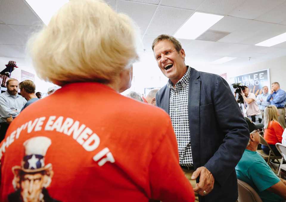 <span><strong>Republican candidate for Tennessee governor Bill Lee talks with supporters during campaign stops in Memphis on Sept. 5, 2018.&nbsp;</strong>(Houston Cofield/Daily Memphian)</span>