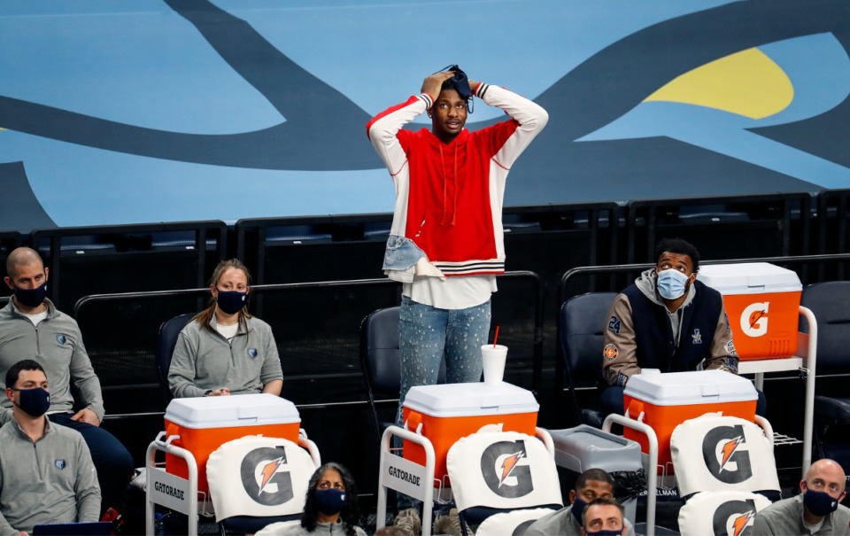 <strong>Injured Memphis Grizzlies center Jaren Jackson Jr. watches from the bench during a 122-112 loss to the Atlanta Hawks on Saturday, Dec. 26, 2020.</strong> (Mark Weber/The Daily Memphian)