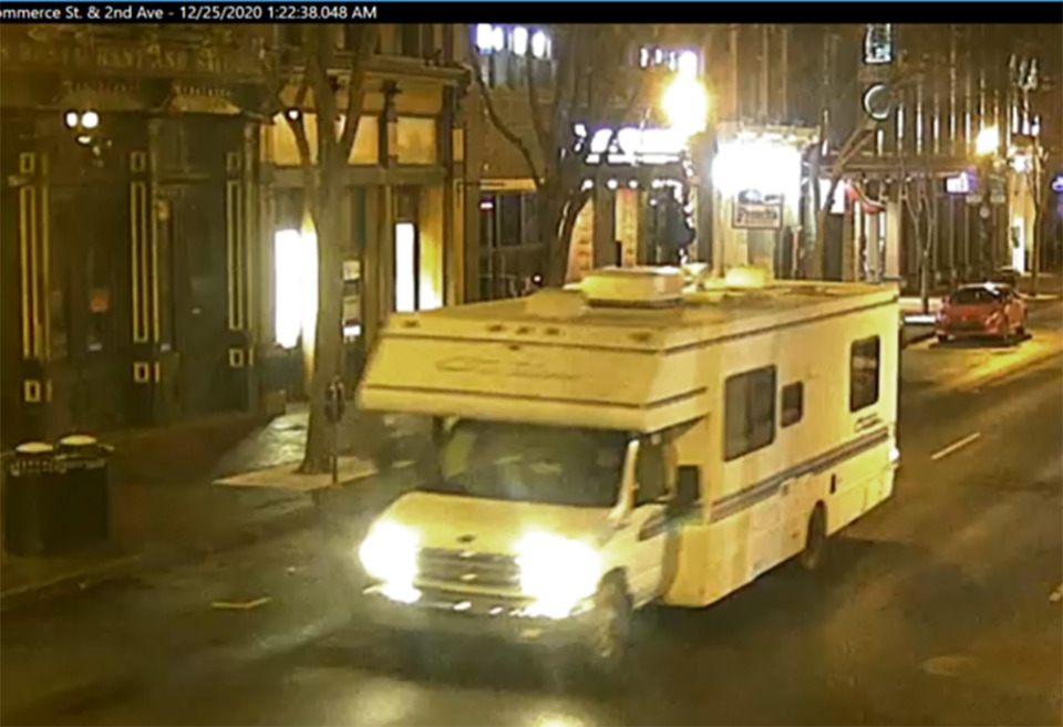 <strong>This image taken from surveillance video provided by Metro Nashville PD shows a recreational vehicle that was involved in a blast on Friday, Dec. 25, 2020. Witnesses said after the RV blared a warning to evacuate the area, it began playing Petula Clark&rsquo;s 1964 hit&nbsp;&ldquo;Downtown.&rdquo;</strong>&nbsp;<strong>The driver has been identified as Anthony Q. Warren, 63.&nbsp;</strong>(Metro Nashville PD via AP)