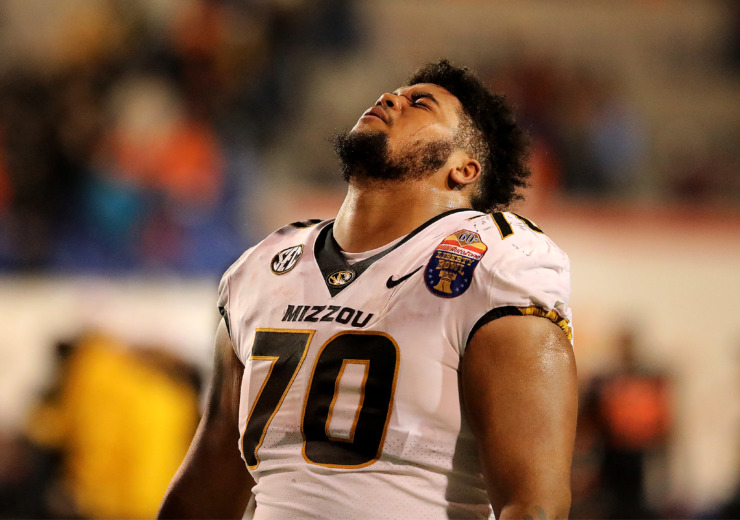 <strong>The agony of defeat: Missouri offensive lineman Yasir Durant (70) reacts after his team&rsquo;s last-minute drive fell a few yards short during the AutoZone Liberty Bowl on Dec. 31, 2018. Oklahoma State won 38-33.</strong> (Patrick Lantrip/Daily Memphian)