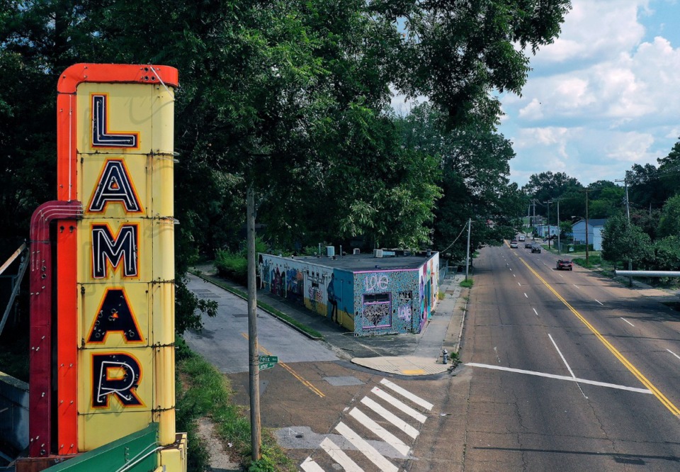 <strong>A neon sign from the old Lamar theater sits on the corner of Lamar Avenue and Kyle Street Sept. 9, 2020. an effort to&nbsp;rezone Lamar Avenue between Bellevue and Prescott succeeded in 2020.</strong> (Patrick Lantrip/Daily Memphian)