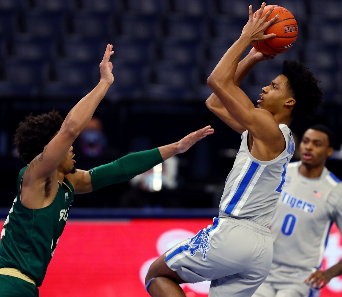 <strong>University of Memphis guard Jayden Hardaway (1) shoots a contested jumper during a home game against the University of South Florida on Dec. 29, 2020.</strong> (Patrick Lantrip/Daily Memphian)