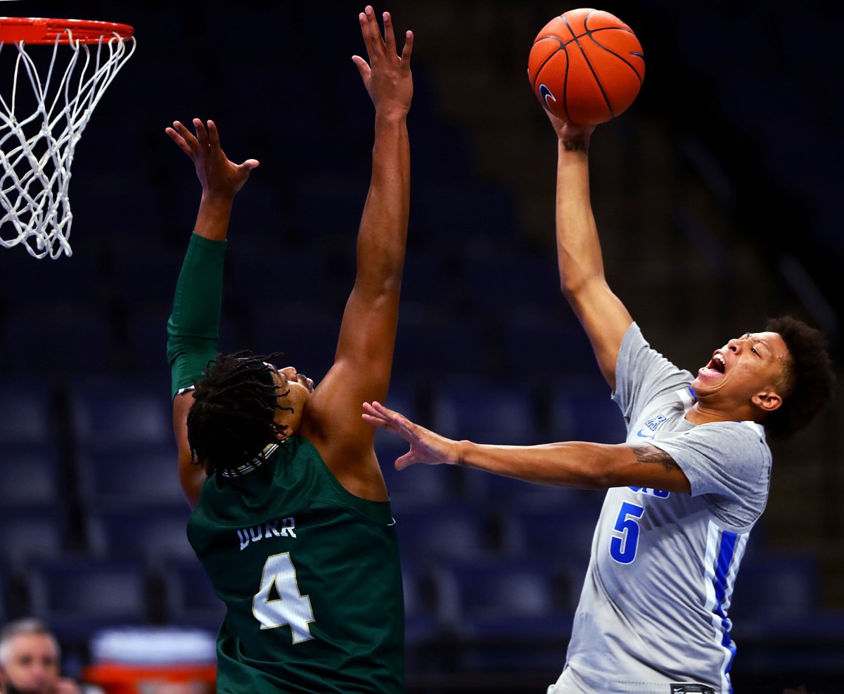 <strong>University of Memphis guard Boogie Ellis (5) goes up for a layup during a home game against the University of South Florida Dec. 29, 2020.</strong> (Patrick Lantrip/Daily Memphian)